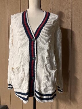American Eagle Outfitters White Cardigan with Navy and Red Accents